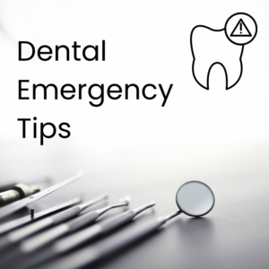 Dental emergency tips with dental tools and a tooth icon
