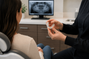 Patient discussing teeth grinding symptoms with family dentist in Oakville at Trafalgar Village Dental